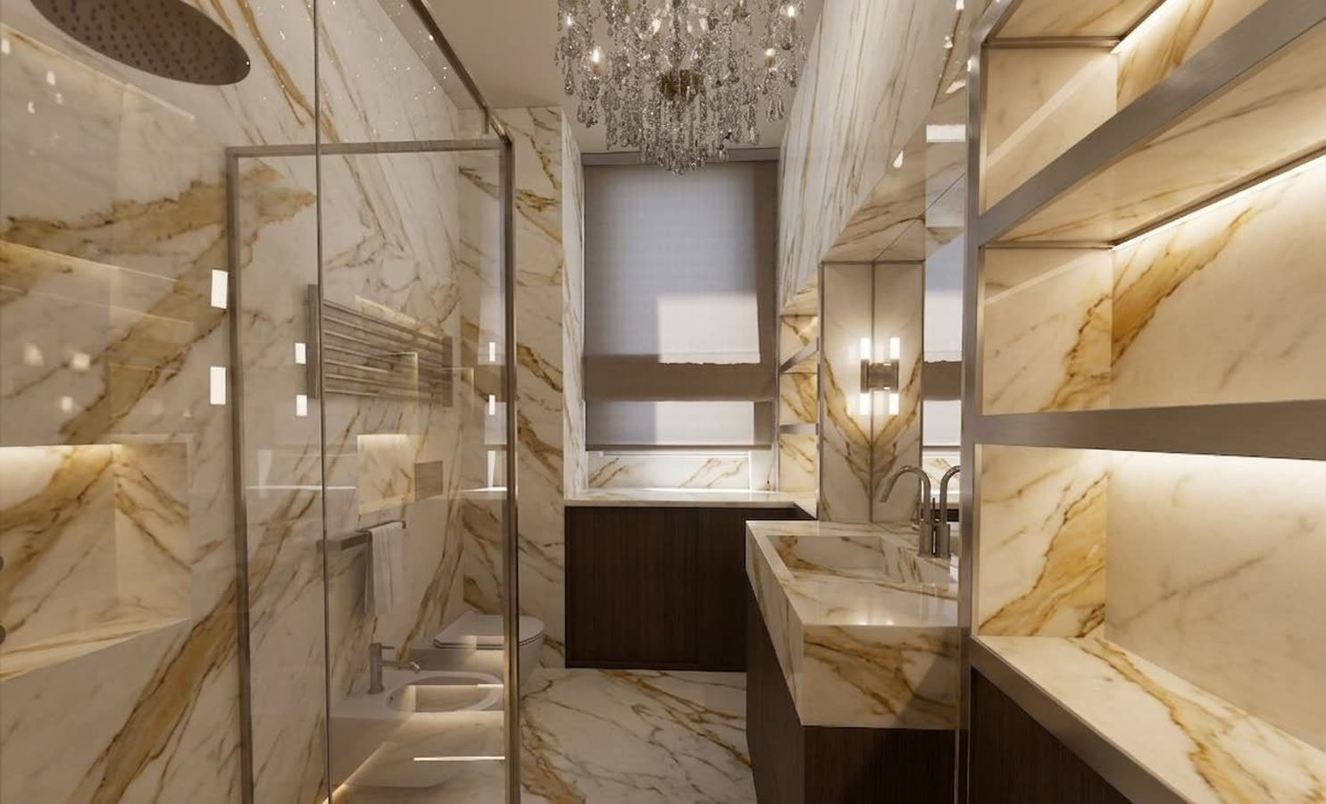Bagno in calacatta oro con specchiera illuminata e lampadario