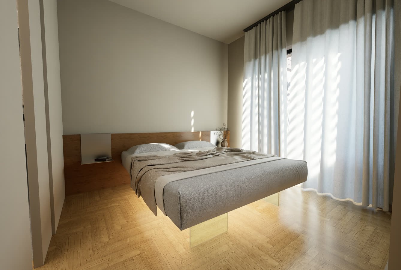 Camera con letto basso, testiera in legno e tende filtranti