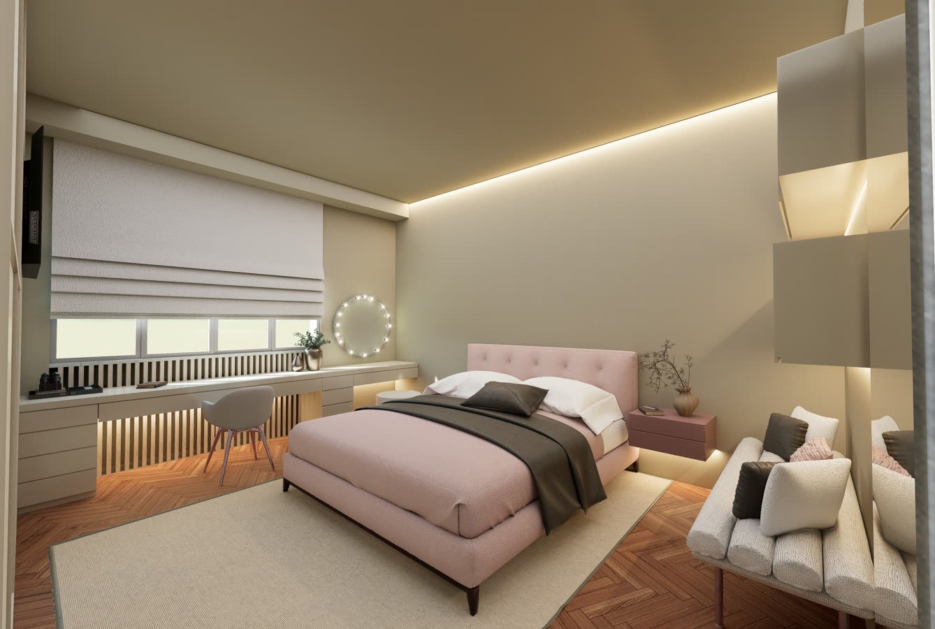 Camera con letto rosa cipria, scrivania sotto la finestra e tappeto